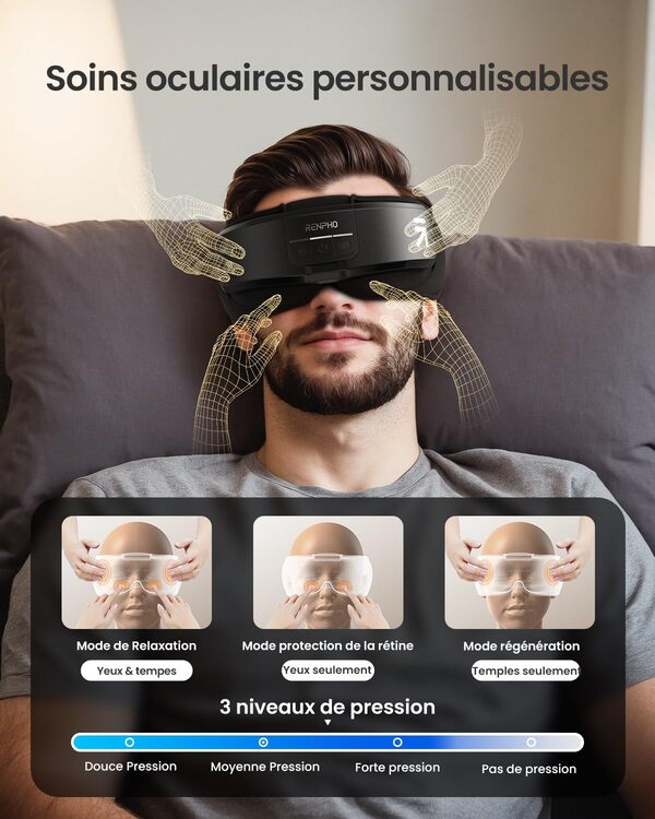 RENPHO Eyeris Shift Masque de Nuit Massage, 2-en-1 Masseur Oculaire avec Chaleur & Musique Bluetooth, 3 Pressions, 3 Températures, 3 Minuteries, Masque de Sommeil pour Soulager la fatigue oculaire