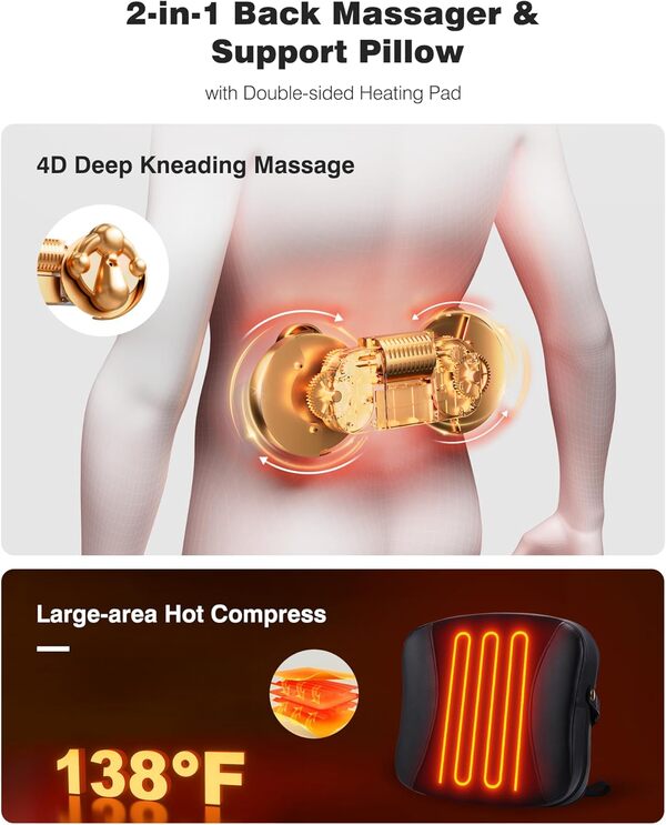 Masseur de dos avec fonction de chauffage, masseur Shiatsu 2-in-1 pour les douleurs au cou et aux épaules, oreiller de soutien du bas du dos pour chaise de bureau, cadeau pour les femmes et les hommes