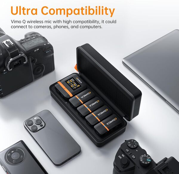 comica Vimo Q Micro Cravate sans Fil avec 4 émetteurs et 1 récepteur, CalMix Réduction de Bruit, Qualité Audio 48KHz/24bits, 16H Utilisation, 200M Portée, Micro Lavalier pour DSLR Caméra Smartphone PC