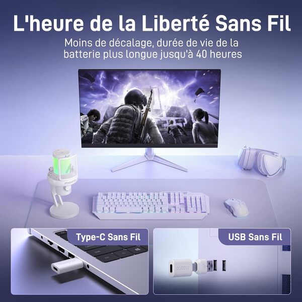 MAONO Micro Gaming sans Fil pour PC, Microphone USB avec Changeur de Voix IA, Suppression du Bruit, EQ Personnalisé, éclairage RVB Réglable pour Jeux, Podcasts, Streaming, DM40 Blanc