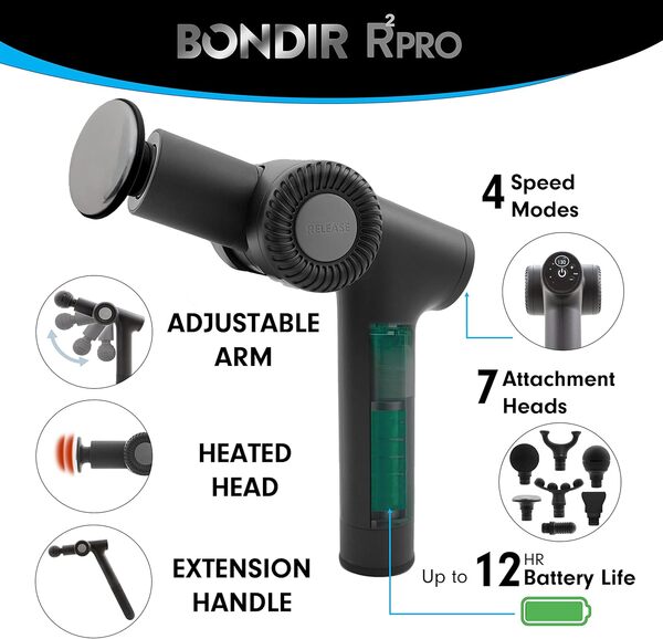 BONDIR R2 PRO+ Pistolet de massage - Masseur articulé du dos en tissu profond avec poignée d'extension et 7 têtes y compris accessoire chauffé