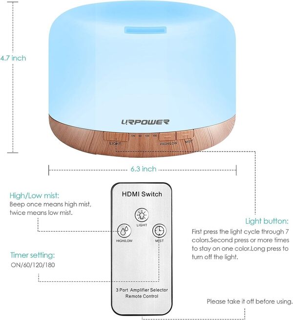 URPOWER 500Ml aromathérapie huile essentielle diffuseur humidificateur avec 4 réglages de la minuterie, 7 Led couleur