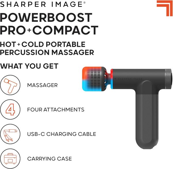 Sharper Image Powerboost Pro+ Appareil de massage compact à percussion chaud et froid, double nœud de température pour thérapie par le chaud et le froid, 6 vitesses, 4 accessoires, récupération