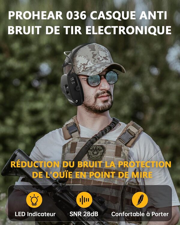 PROHEAR 036 Casque Anti Bruit de Tir Electronique Silicone Coussinets d'oreille Remplaçable, SNR 28dB/NRR 23dB Réducteur de Bruit, Protection Auditive de Amplificateur Sonore - Noir