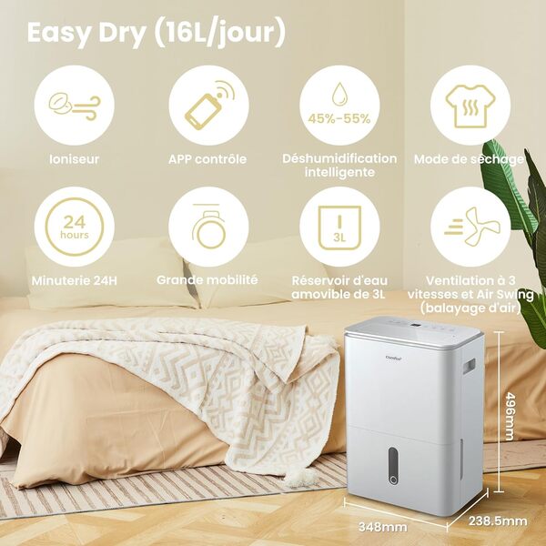 COMFEE' Déshumidificateur 2-EN-1,Elimine l'humidité jusqu'à 16L-Jour, Purification d'air avec ioniseur, 4 Modes, Fonction Air Swing, Contrôle APP, Idéal pour pièces de 29-44㎡, Easy Dry 16