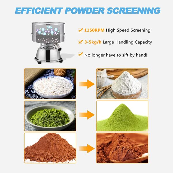 YUCHENGTECH Tamis Vibrant Électrique avec Tamis de 40 mesh Tamis à Farine Électrique Tamis Vibrant Automatique Tamis Vibrant en Acier Inoxydable pour le Tamisage de Farine/Poudre de Cacao 1150rpm 50W