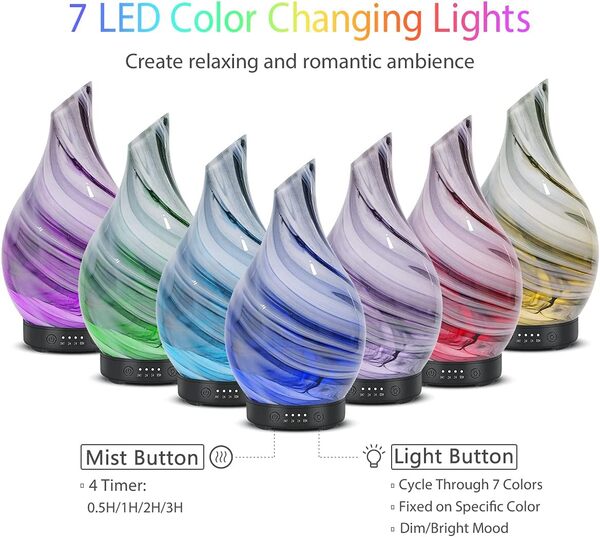 Diffuseur d'huiles essentielles 120 ml, diffuseur d'aromathérapie à ultrasons fait à la main, sans BPA, arrêt automatique, 4 réglages de minuterie, 7 couleurs changeantes LED pour la maison, le yoga,