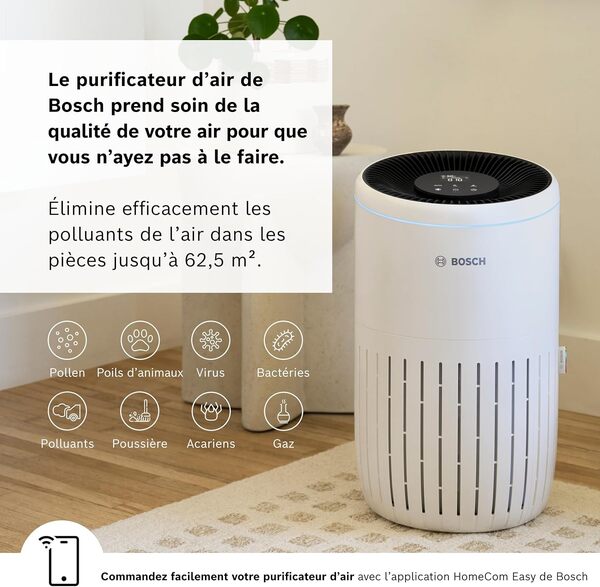 Bosch Air 4000i - Purificateur d'air intelligent - Couvre 62,5 m² - Filtre efficacement plus de 99% des polluants - Mode Auto/Sommeil ( 25 dB(A)) - CADR : 300 m³/h - Connectivité avec écran et app