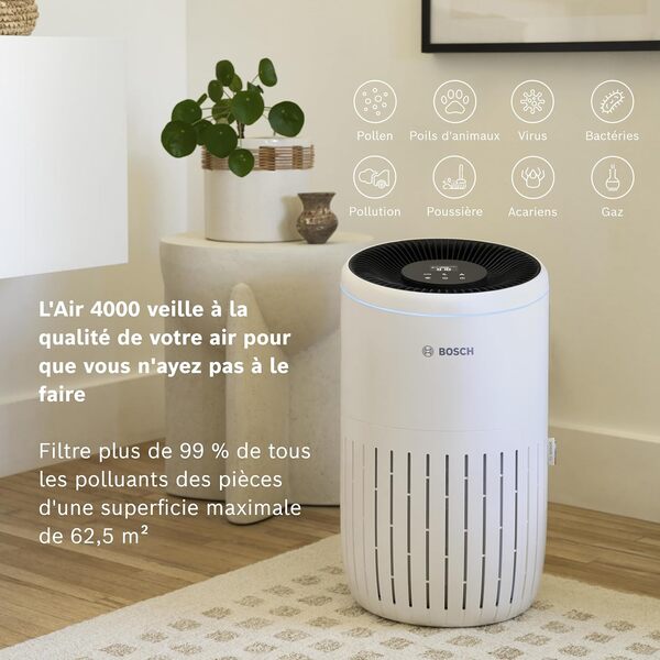 Bosch Air 4000 Purificateur d'air - Élimine les Polluants, Avec un Filtre à Air et un Mode Sommeil ( 25 dB(A)) - Pour jusqu'à 62,5 m² - Avec Mode Automatique - CADR : 300 m³/h