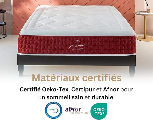 Maison Aubertin Matelas Passion 180x200 cm, Ép 32 cm, Lit 2 Places, 957 Ressorts Ensachés et Mémoire de Forme Haute Densité 60 kg/m³, Soutien Ferme, Ergonomique et Orthopédique, Chambre Adulte
