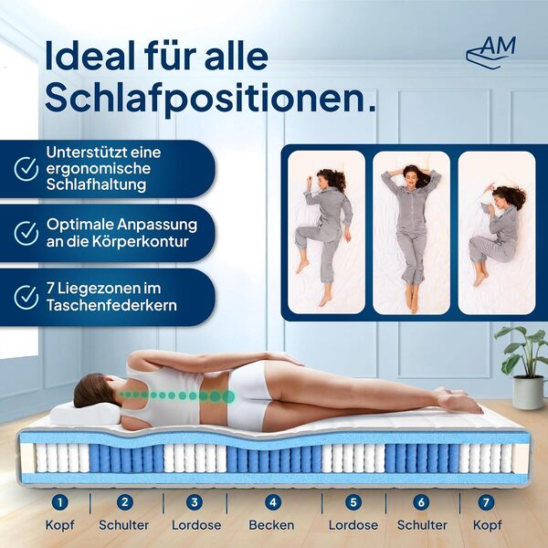 AM Qualitätsmatratzen - Matelas orthopédique 140 x 190 cm très ferme à ressorts ensachés 1000 avec 7 zones de confort et housse respirante en TENCEL Lyocell blanc