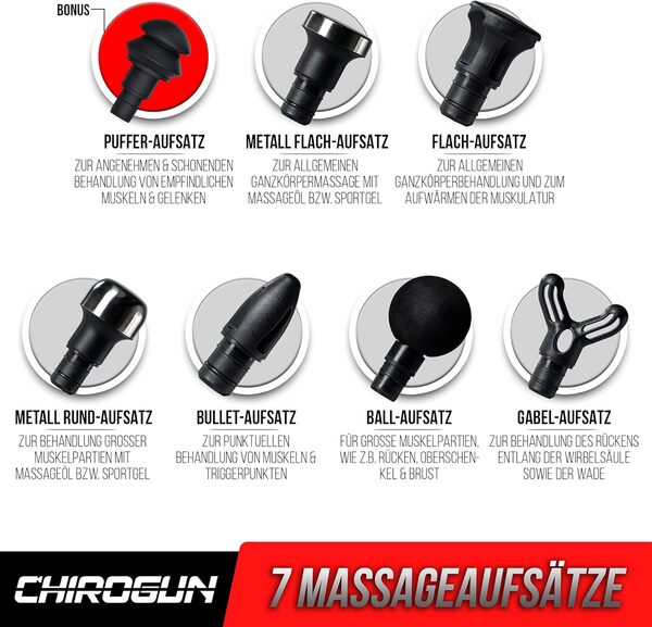 ChiroGun ONE Pistolet de massage vibrant avec sac de transport | Massage de qualité supérieure en aluminium avec 6 embouts et 6 niveaux d'intensité jusqu'à 3200 chocs, 5 heures d'autonomie