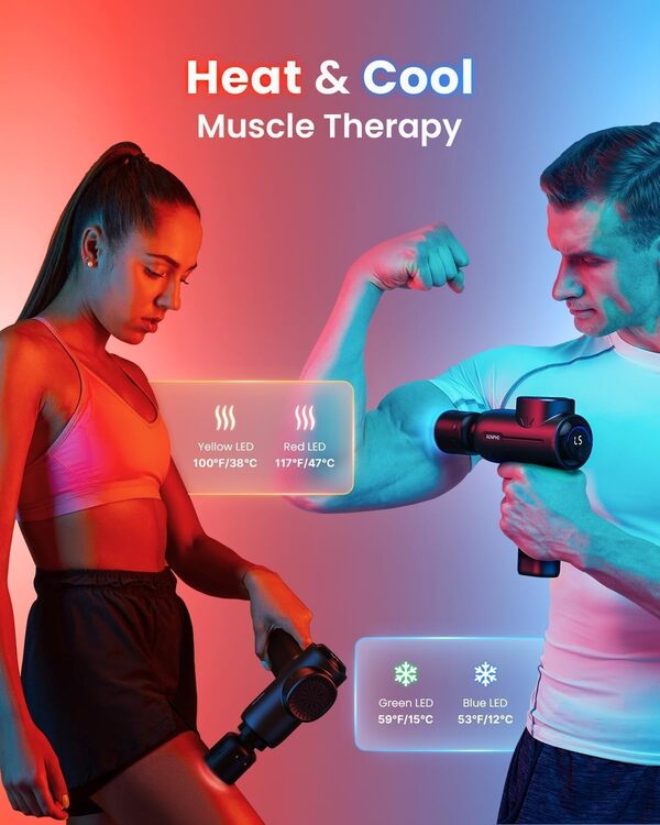 RENPHO Pistolet de massage fonction chaleur et froid, ACTIVE pistolet de massage avec Bluetooth, masseur musculaire avec étui portable, relaxation du massage musculaire complet du corps