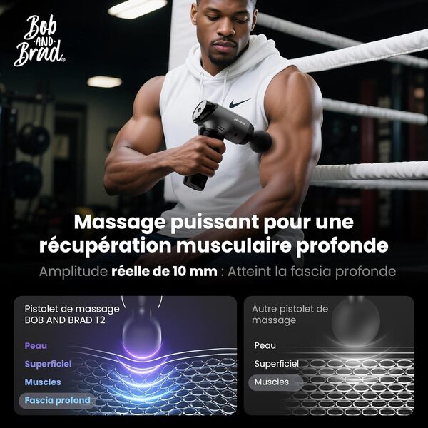 Bob and Brad T2 Pistolet de Massage avec Batterie 4000mAh 10mm Amplitude, Massage Gun Pistolet à Massage Musculaire des Tissus Profonds, Ultra Silencieux pour Récupération de Fatigue et de Détente